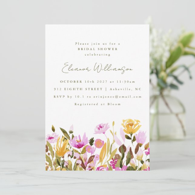 Cute Pink Olive Watercolor Floral Bridal Shower Invitation (Standing Front)