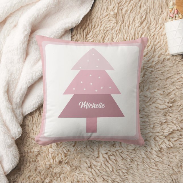 Cute Pink Ombre Christmas Tree Monogrammed Throw Pillow (Blanket)
