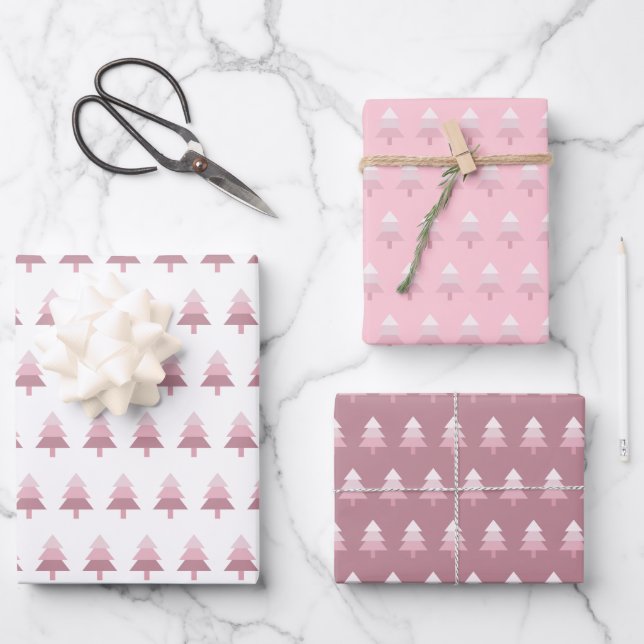 Cute Pink Ombre Christmas Tree Pattern Wrapping Paper Sheets (Front)