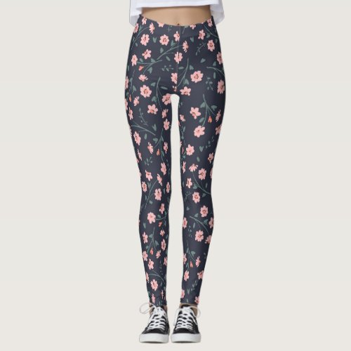 Cute Pink on Black Floral Pattern Leggings