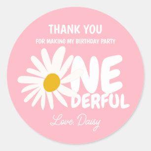 Cute Pink ONEderful Daisy Thank You Birthday Classic Round Sticker