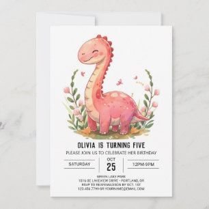 Cute Pink Online Dinosaur Girl Birthday  Invitation