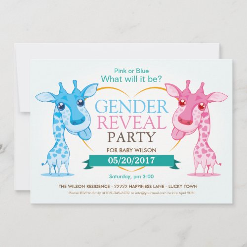 Cute Pink or Blue Giraffe Gender Reveal Party RSVP Invitation