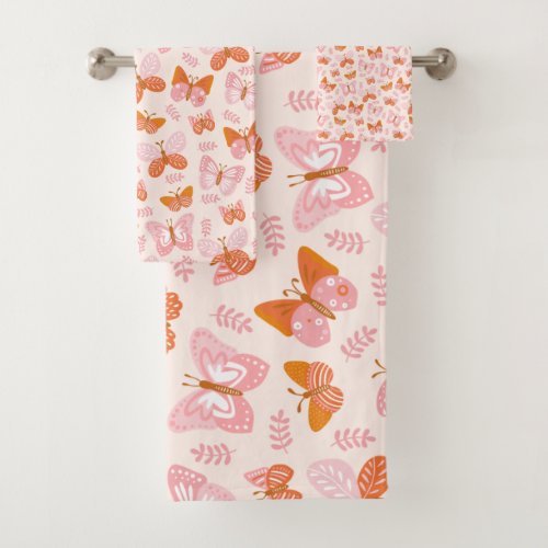 Cute Pink Orange Boho Butterfly Pattern Bath Towel Set