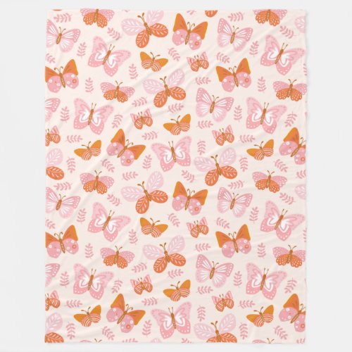 Cute Pink Orange Boho Butterfly Pattern Fleece Blanket