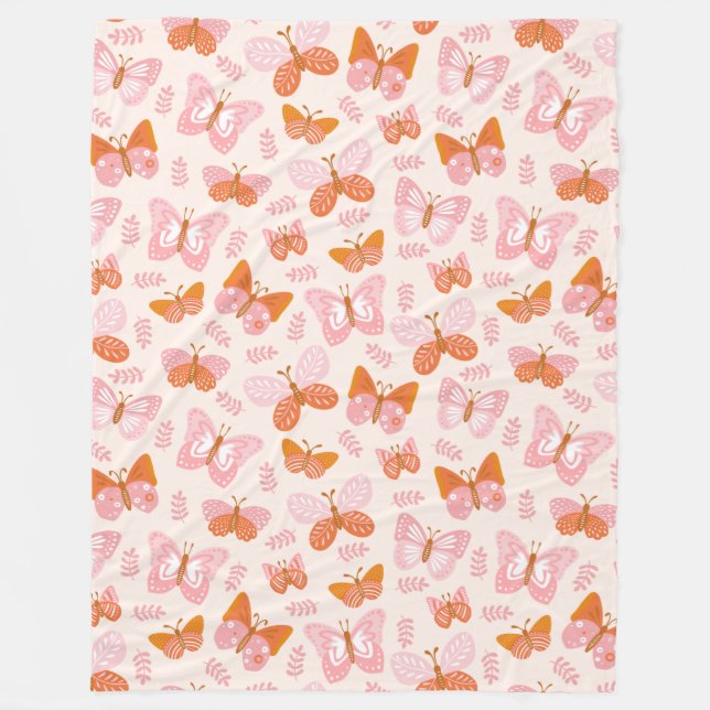Cute Pink Orange Boho Butterfly Pattern Fleece Blanket (Front)