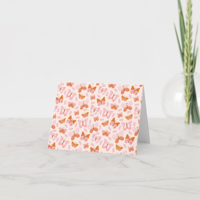 Cute Pink Orange Boho Butterfly Pattern Letterpress Thank You Card (Front)