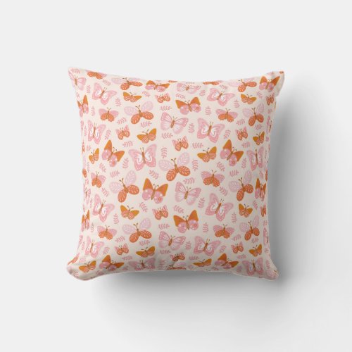 Cute Pink Orange Boho Butterfly Pattern Throw Pillow