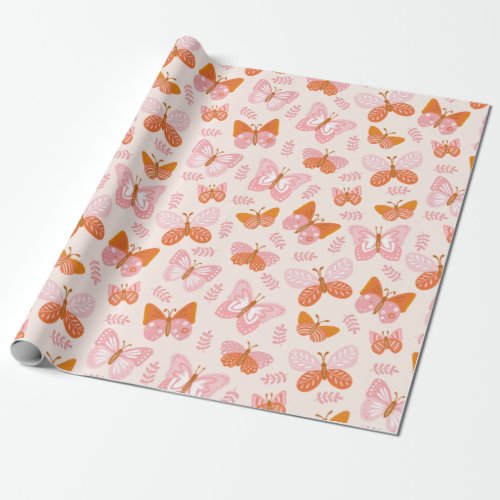Cute Pink Orange Boho Butterfly Pattern Wrapping Paper