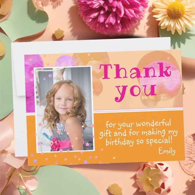 Cute Pink Orange Bubbles Girly Photo Birthday Thank You Card (Creator Uploaded)