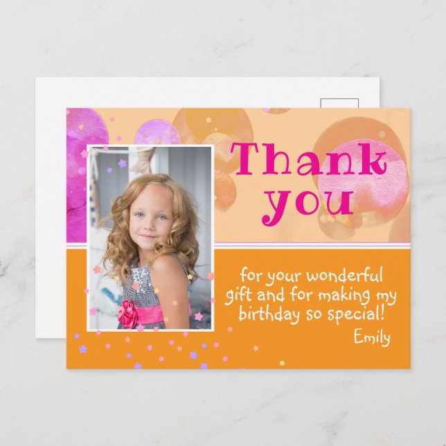 Cute Pink Orange Bubbles Photo Birthday Thank you Postcard (Front/Back)