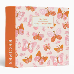Cute Pink Orange Butterflies Custom Name Recipe 3 Ring Binder