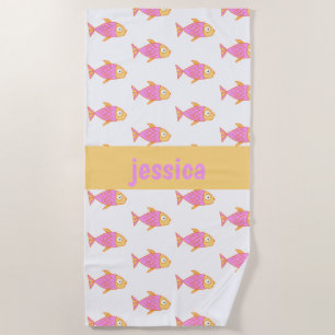 Cute pink & orange fish, personalized beach towel