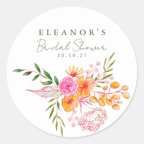 Cute Pink Orange Floral Watercolor Bridal Shower Classic Round Sticker