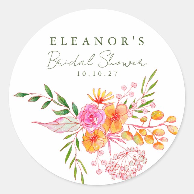 Cute Pink Orange Floral Watercolor Bridal Shower Classic Round Sticker (Front)