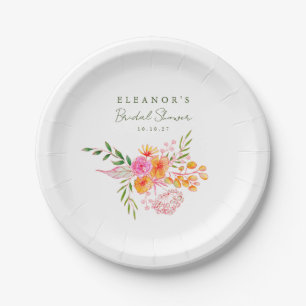 Cute Pink Orange Floral Watercolor Bridal Shower Paper Plates