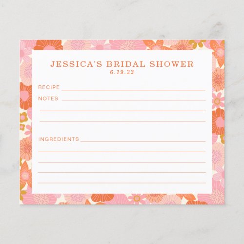 Cute Pink Orange Flowers Bridal Shower Recipe Card