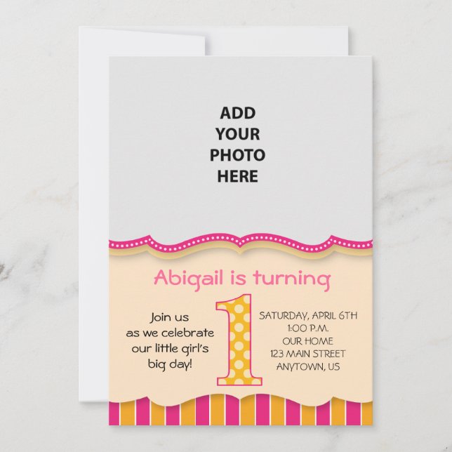 Cute Pink/Orange Girls First Birthday Invitation (Front)