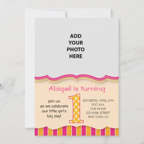 Cute Pink/Orange Girls First Birthday Custom Announcement