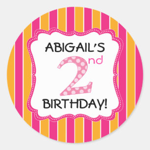 Cute Pink/Orange Girls Second Birthday Classic Round Sticker