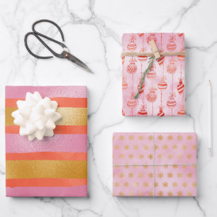 Cute Pink Orange Gold Christmas Holiday Wrapping Paper Sheets
