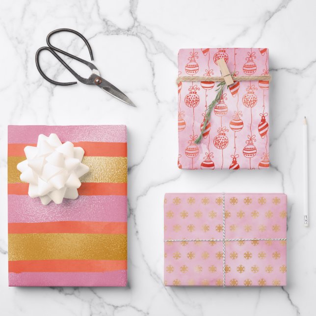 Cute Pink Orange Gold Christmas Holiday Wrapping Paper Sheets (Front)