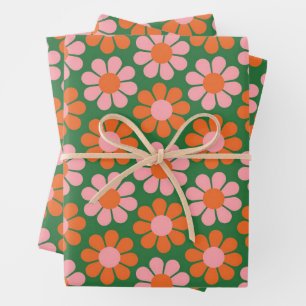 Cute Pink Orange Green Retro Flowers Wrapping Paper Sheets