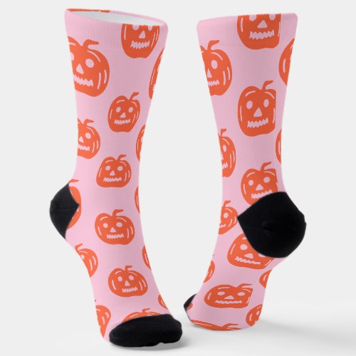 Cute Pink Orange Jack O Lantern Halloween Socks