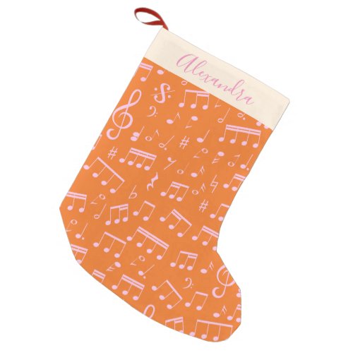 Cute Pink Orange Music Notes Pattern Personalized  Small Christmas Stocking
