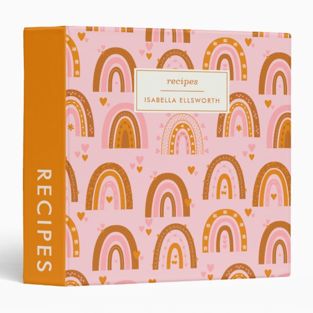 Cute Pink Orange Rainbow Hearts Custom Name Recipe 3 Ring Binder (Front/Spine)
