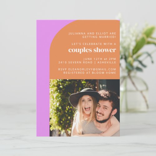 Cute Pink Orange Retro Arch Photo Couples Shower  Invitation