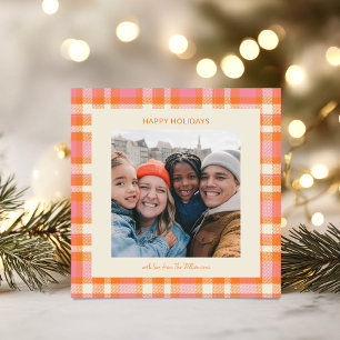 Cute Pink Orange Retro Plaid Christmas Photo Holiday Card