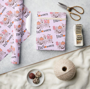 Cute Pink Orange Spooky Halloween Wrapping Paper