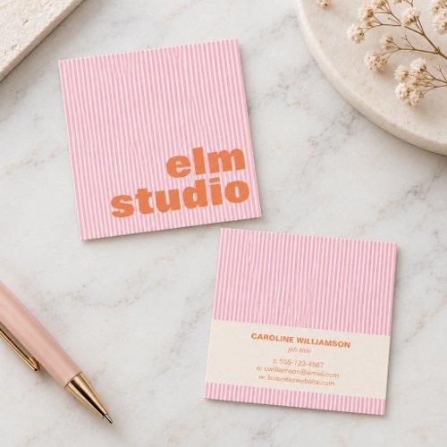 Cute Pink Orange Striped Bold Square Colorful Fun Business Card