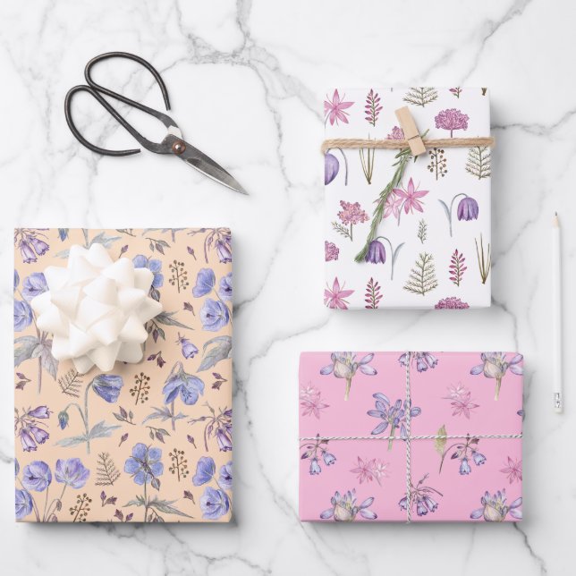 Cute Pink Orange White Purple Floral Flowers Party Wrapping Paper Sheets (Front)
