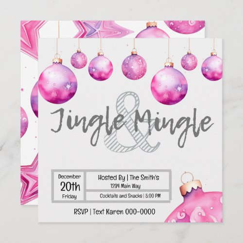 Cute Pink Ornaments Christmas Jingle and Mingle Invitation