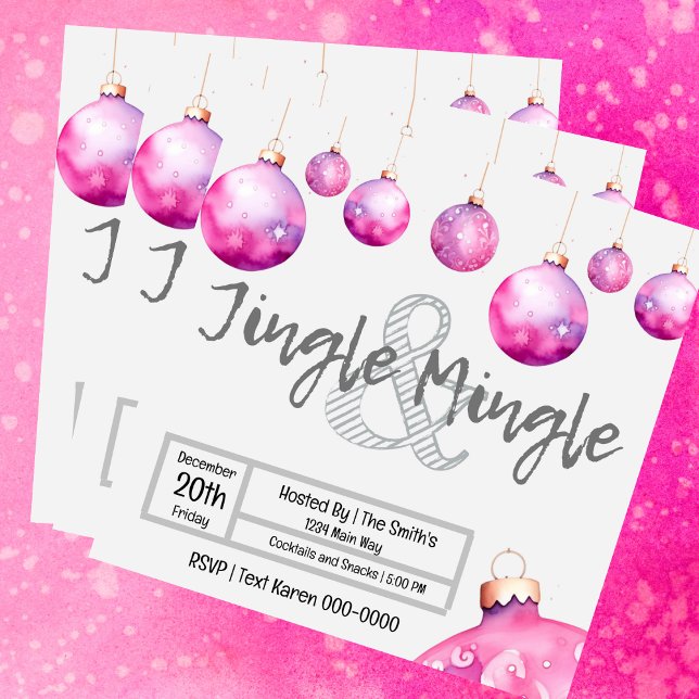Cute Pink Ornaments Christmas Jingle and Mingle Invitation (Fun pink bauble Jingle and Mingle Christmas Party invitation you can fully customize
)