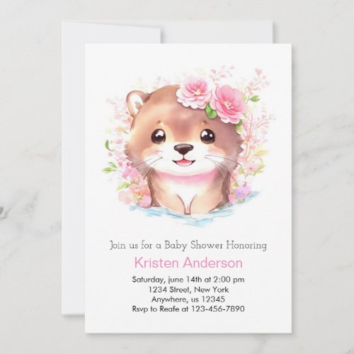 Cute Pink Otter and Wildflowers Girl Baby Shower Invitation