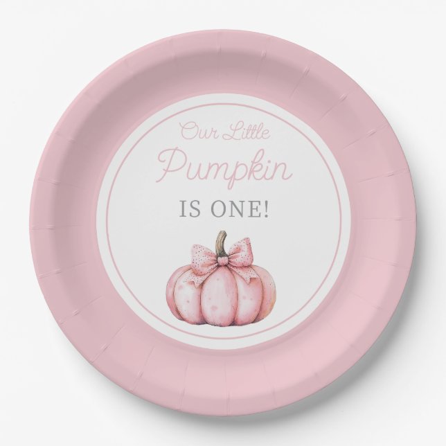 Cute Pink Our Little Pumpkin Girl First Birthday Paper Plates (Front)