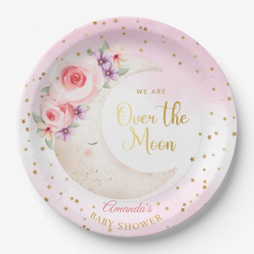 Cute Pink Over the Moon Gold Stars Baby Shower  Paper Plates