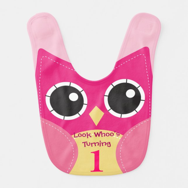 Cute Pink Owl 1st Birthday Baby Bib (Front)