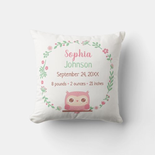 Cute Pink Owl and Floral Wreath Baby Nursery Throw Pillow