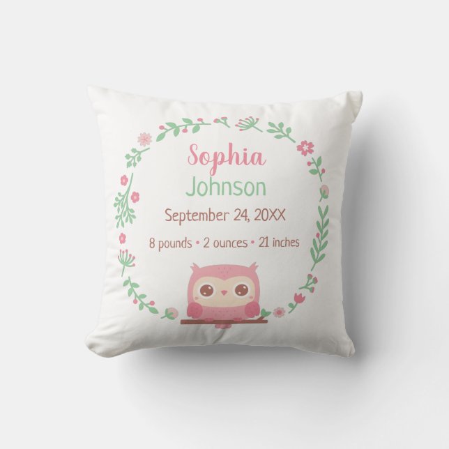 Cute Pink Owl and Floral Wreath, Baby Nursery Throw Pillow (Front)