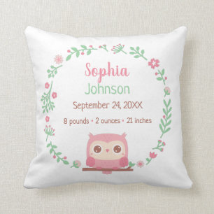 Cute Pink Owl and Floral Wreath, Baby Nursery Throw Pillow