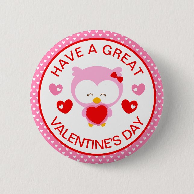 Cute Pink Owl and Hearts Valentine's Day Button (Front)