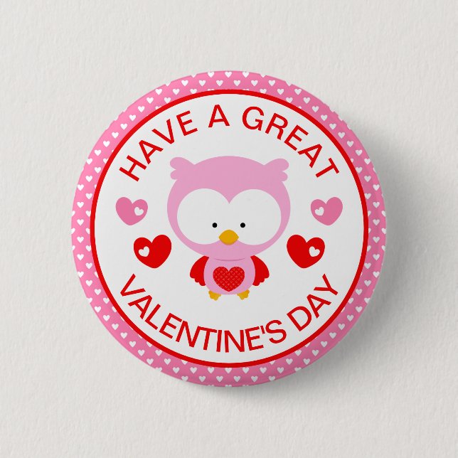 Cute Pink Owl and Hearts Valentine's Day Edible Button (Front)