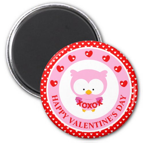 Cute Pink Owl and Hearts Valentines Day Magnet