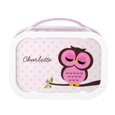 Cute Pink Owl And Polka Dots Personalized Lunch Box