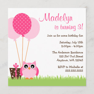 Cute Pink Owl Balloons Birthday Invitations