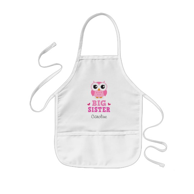 Cute pink owl, big sister personalized name kids' apron (Front)